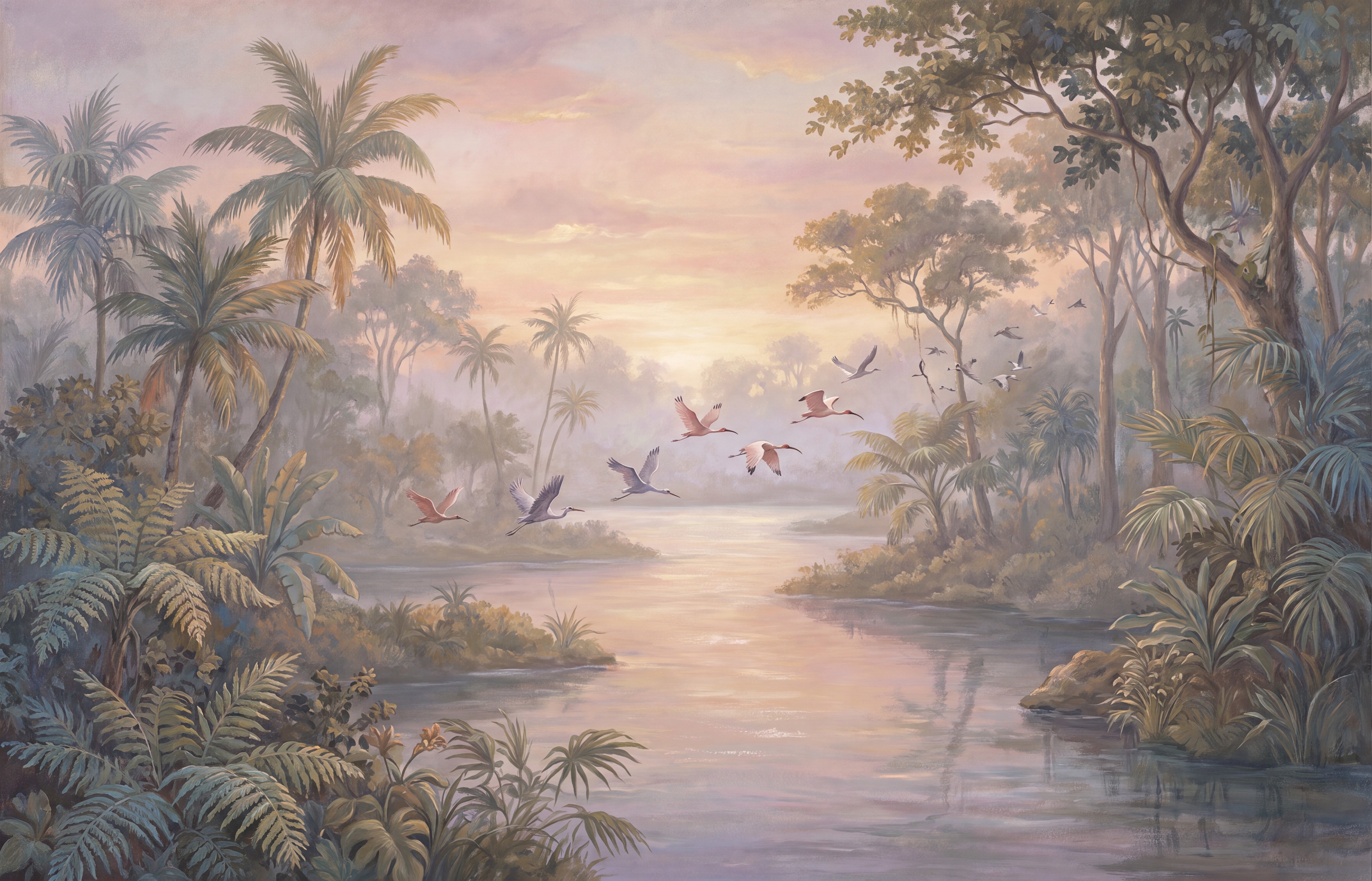 Flying Wading Birds At A Pastel Tropical Sunset Wallpaper Mural — Wallpaper Mural Design Preview, Peel-and-stick Finish