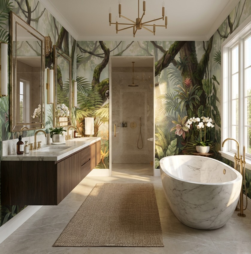 Green Abstract Forms Atmospheric Wallpaper Mural Bathroom-wallpaper-murals, Peel-and-stick Finish