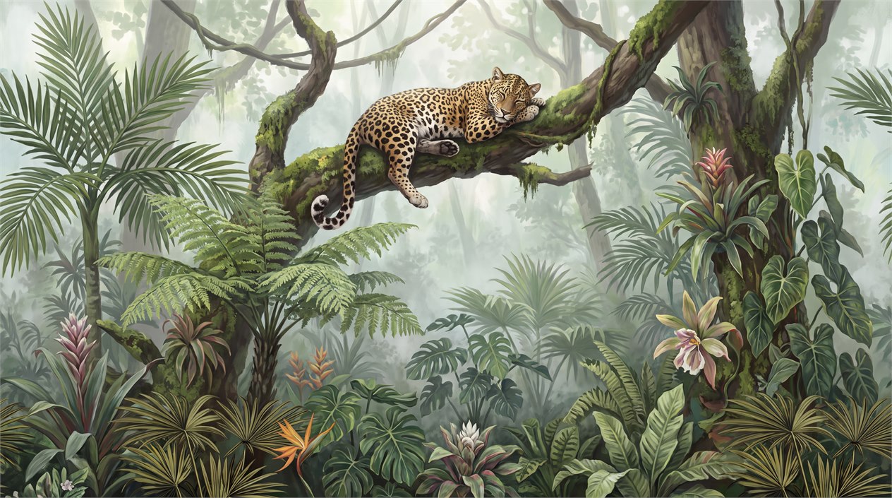 Sleeping Leopard In A Misty Tropical Forest Wallpaper Mural — Wallpaper Mural Design, Peel-and-stick Finish
