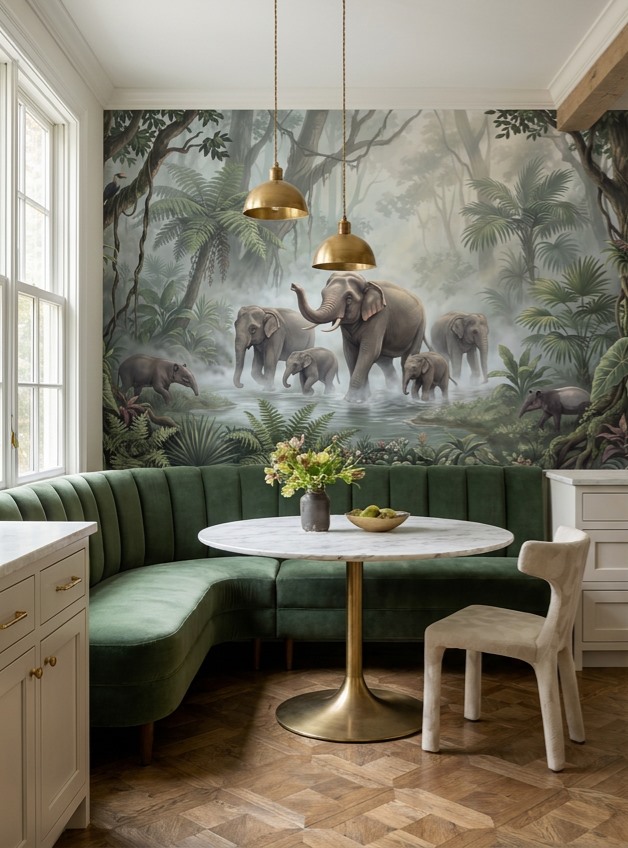 Red And Teal Woodland Trees Layered Wallpaper Mural Kitchen-wallpaper-murals, Peel-and-stick Finish