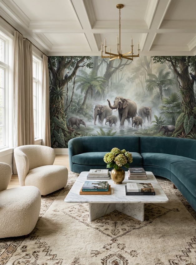 Red And Teal Woodland Trees Layered Wallpaper Mural Living-room-wallpaper-murals, Shown In A Living Room, Peel-and-stick Finish