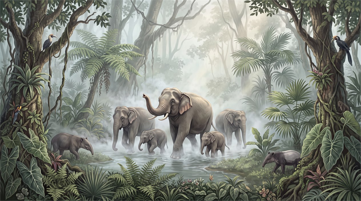 Elephant Family In A Misty Tropical River Wallpaper Mural — Wallpaper Mural Design, Peel-and-stick Finish