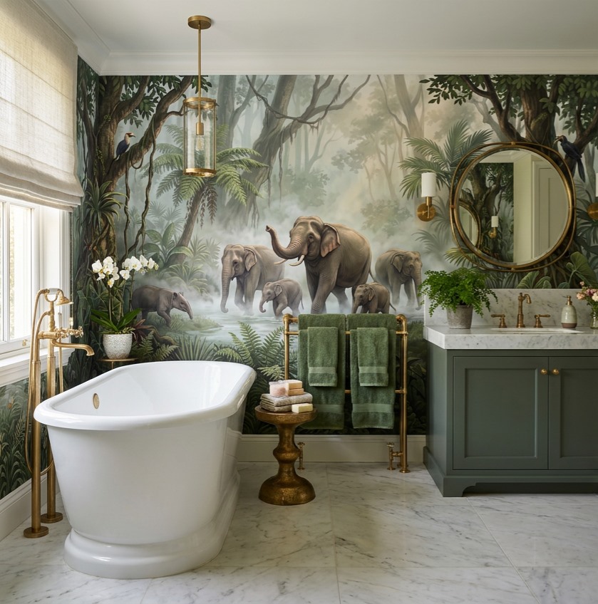 Red And Teal Woodland Trees Layered Wallpaper Mural Kitchen-wallpaper-murals, Peel-and-stick Finish