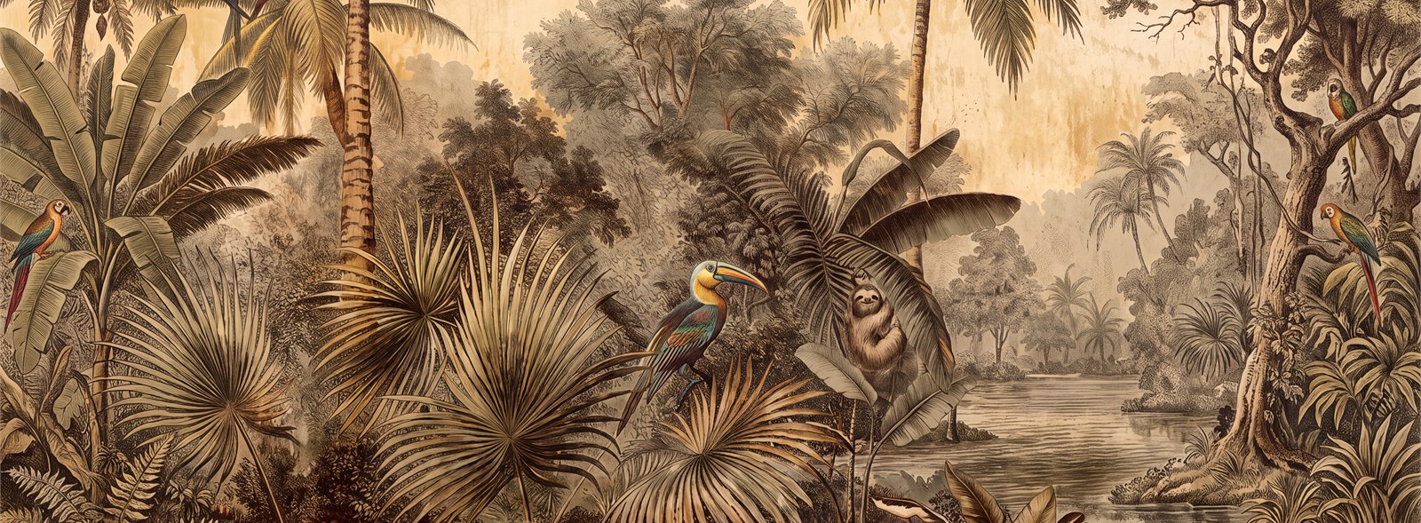 Sepia Tropical Rainforest Animals Wallpaper Mural — Wallpaper Mural Design, Peel-and-stick Finish