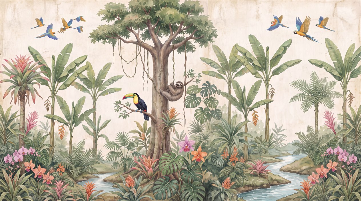 Sloth, Toucan And Macaws In A Tropical Botanical Wallpaper Mural — Wallpaper Mural Design, Peel-and-stick Finish
