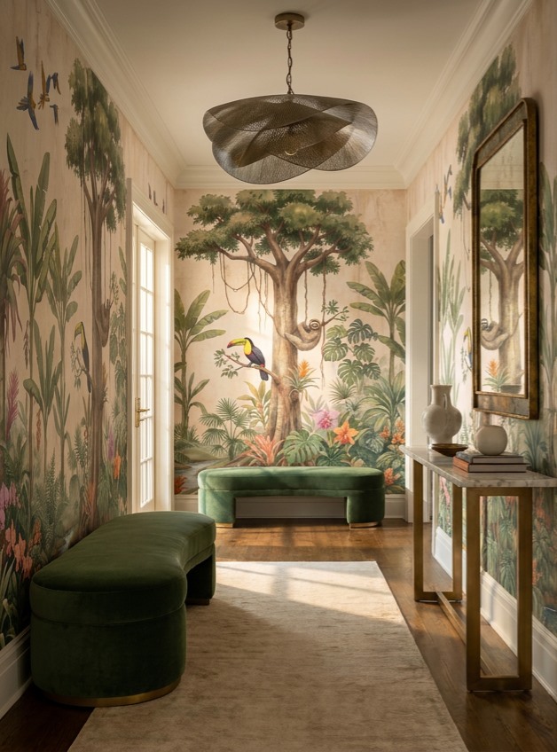 Beige Woodland Trees Layered Wallpaper Mural Accent-wall-wallpaper-murals, Peel-and-stick Finish