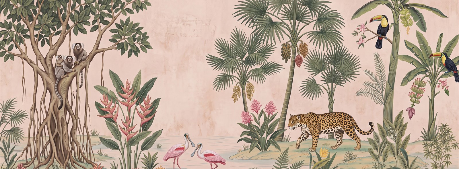 Tropical Jungle Animals And Birds Wallpaper Mural — Wallpaper Mural Design, Peel-and-stick Finish