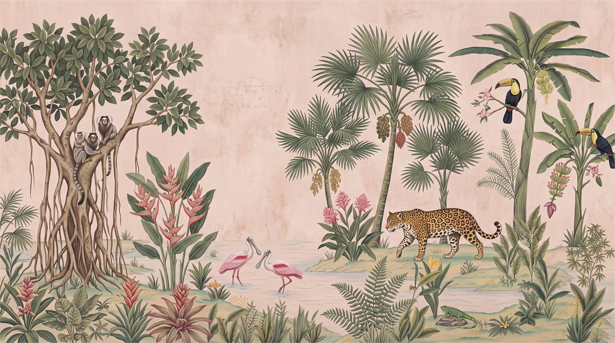 Red And Pink Woodland Trees Wallpaper Mural Accent-wall-wallpaper-murals, Peel-and-stick Finish