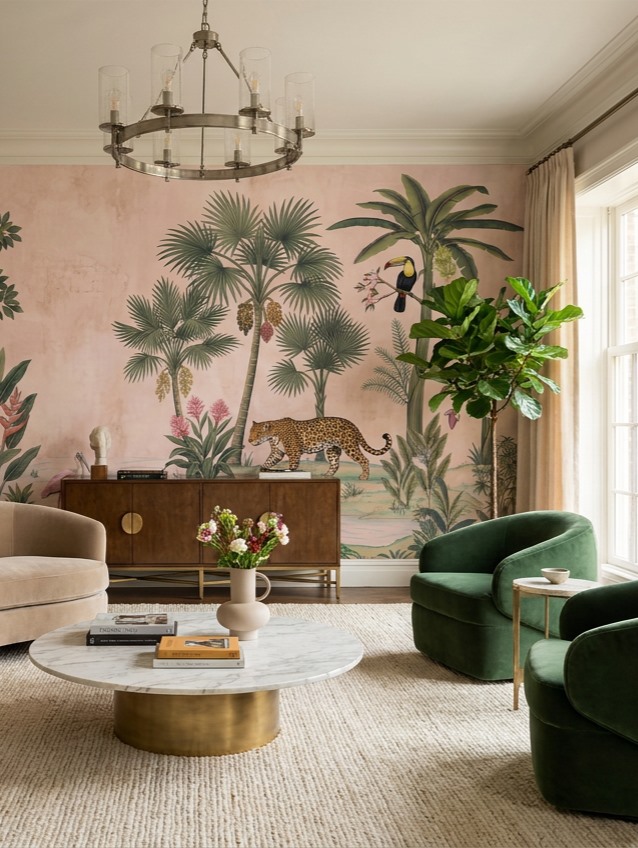Red And Pink Woodland Trees Wallpaper Mural Living-room-wallpaper-murals, Shown In A Living Room, Peel-and-stick Finish
