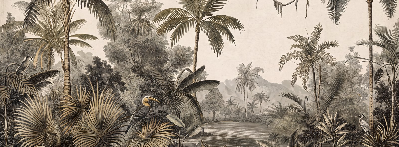 Sepia Tropical Birds And River Wallpaper Mural — Wallpaper Mural Design, Peel-and-stick Finish