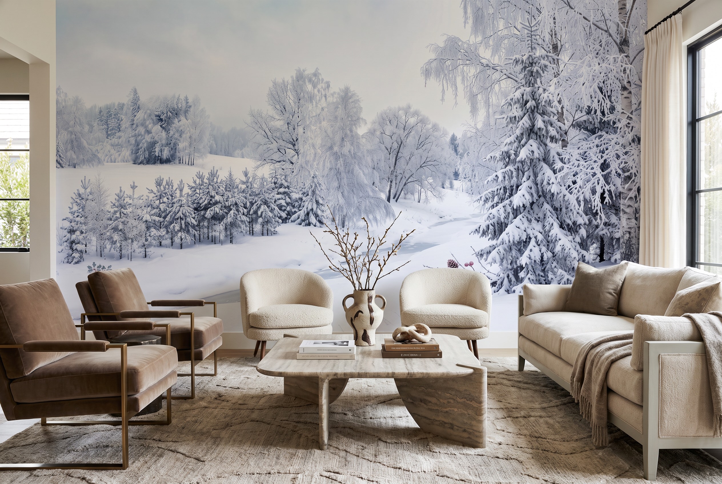Snowy Birch And Pine Stream Wallpaper Mural — Wallpaper Mural Design, Peel-and-stick Finish