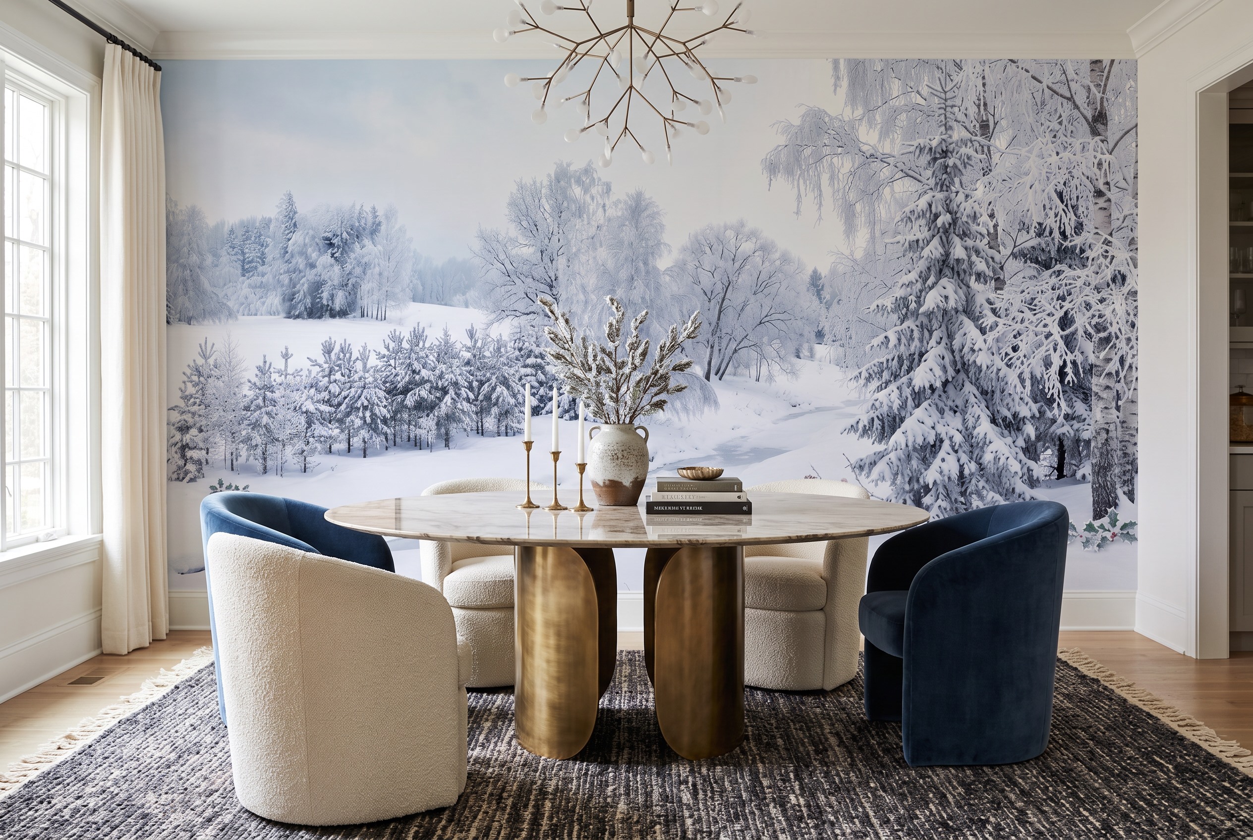 Neutral Abstract Forms Wallpaper Mural Layered Linear Wallpaper Mural Dining-room-wallpaper-murals, Shown In A Dining Room, Peel-and-stick Finish