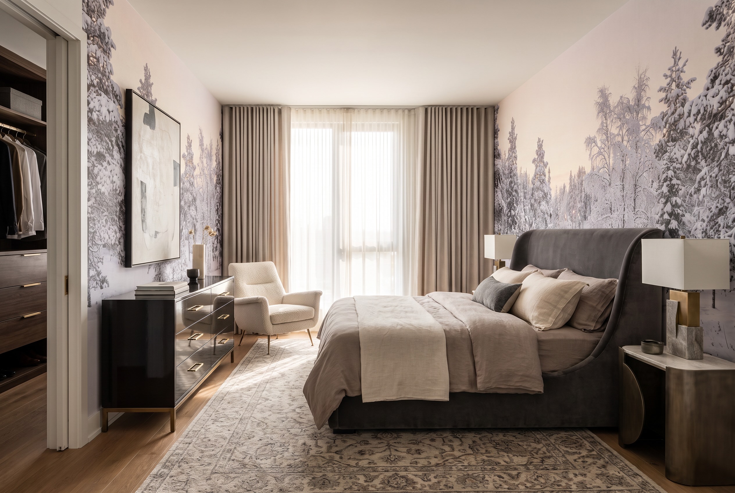 Tan And Neutral Abstract Forms Linear Atmospheric Wallpaper Mural Bedroom-wallpaper-murals, Peel-and-stick Finish
