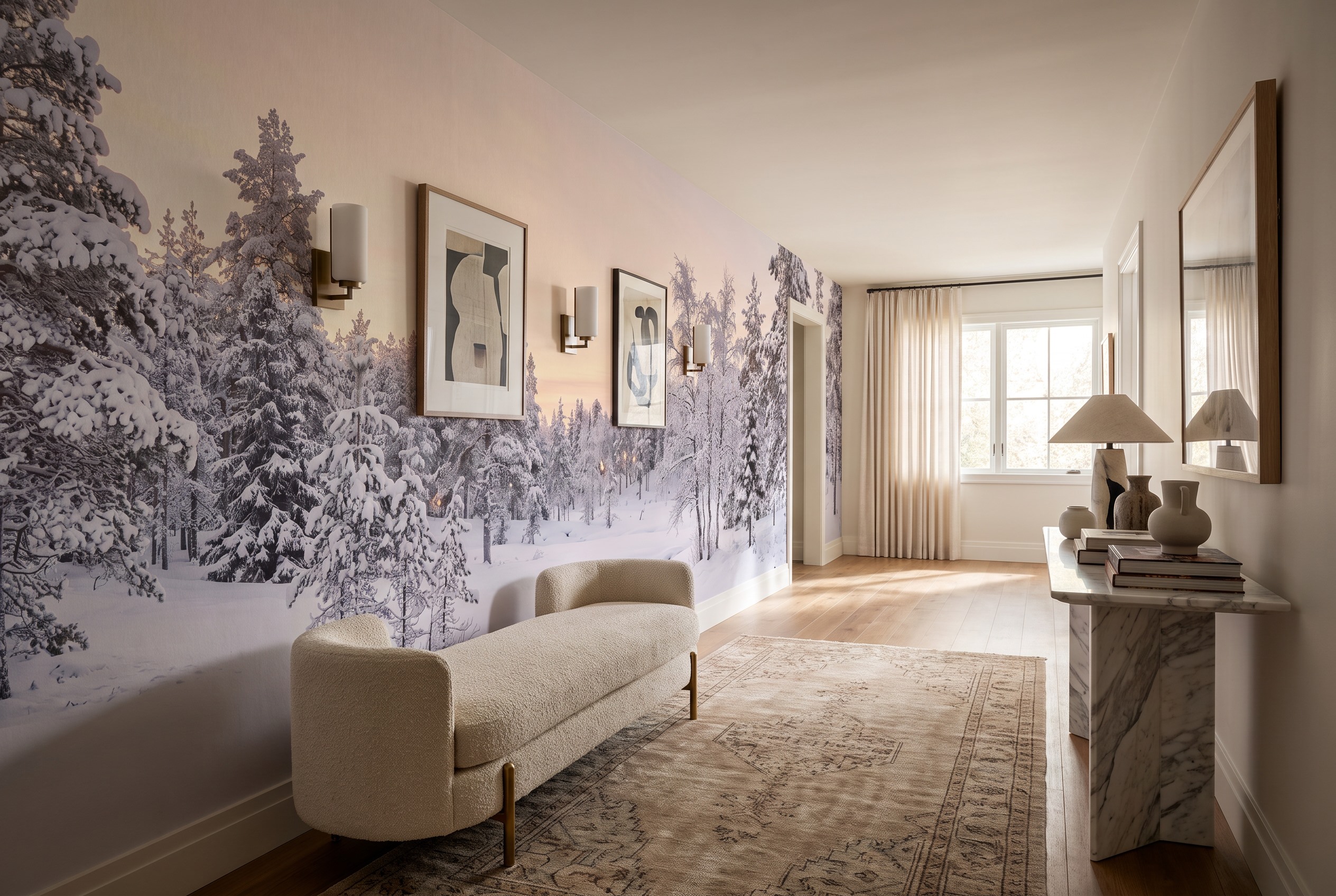 Tan And Neutral Abstract Forms Linear Atmospheric Wallpaper Mural Hallway-wallpaper-murals, Peel-and-stick Finish