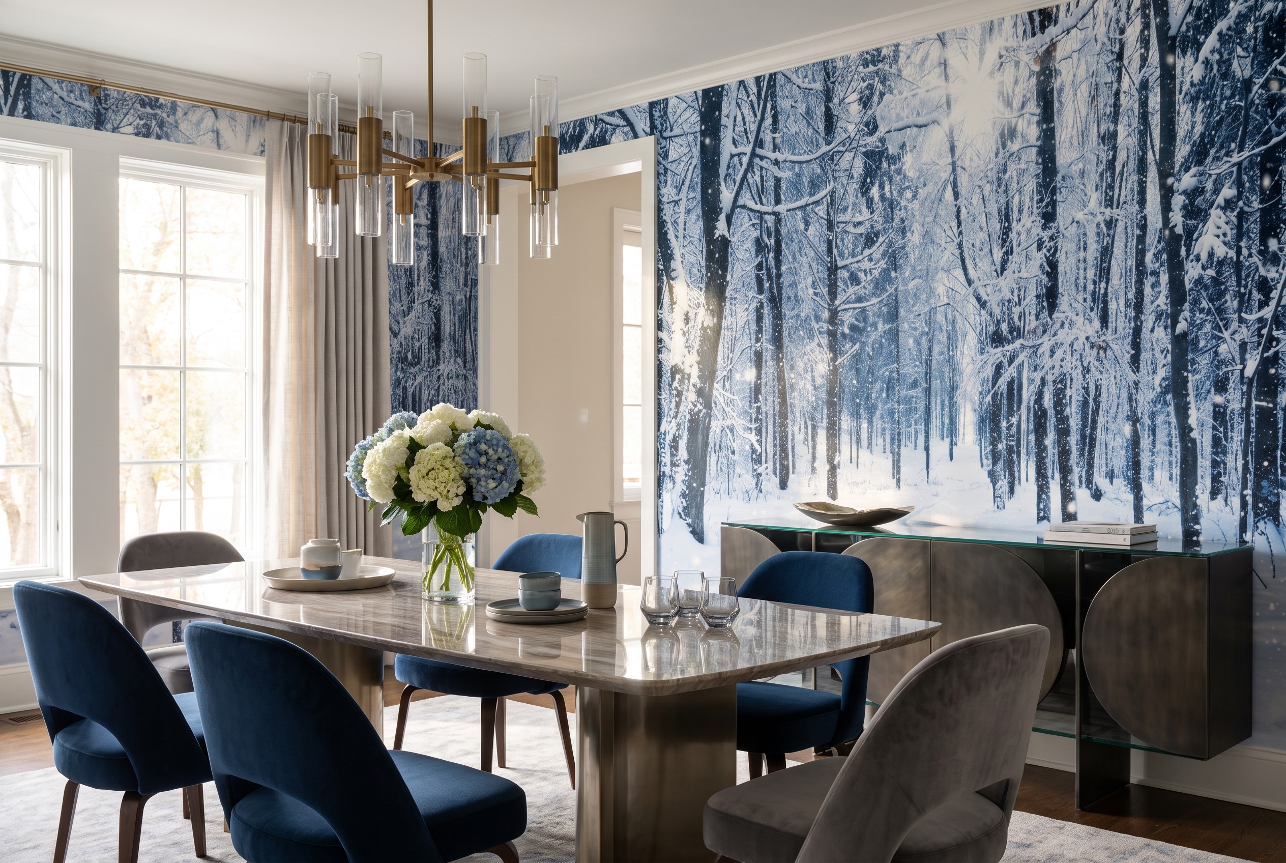 Blue Abstract Forms Layered Wallpaper Mural Dining-room-wallpaper-murals, Shown In A Dining Room, Peel-and-stick Finish