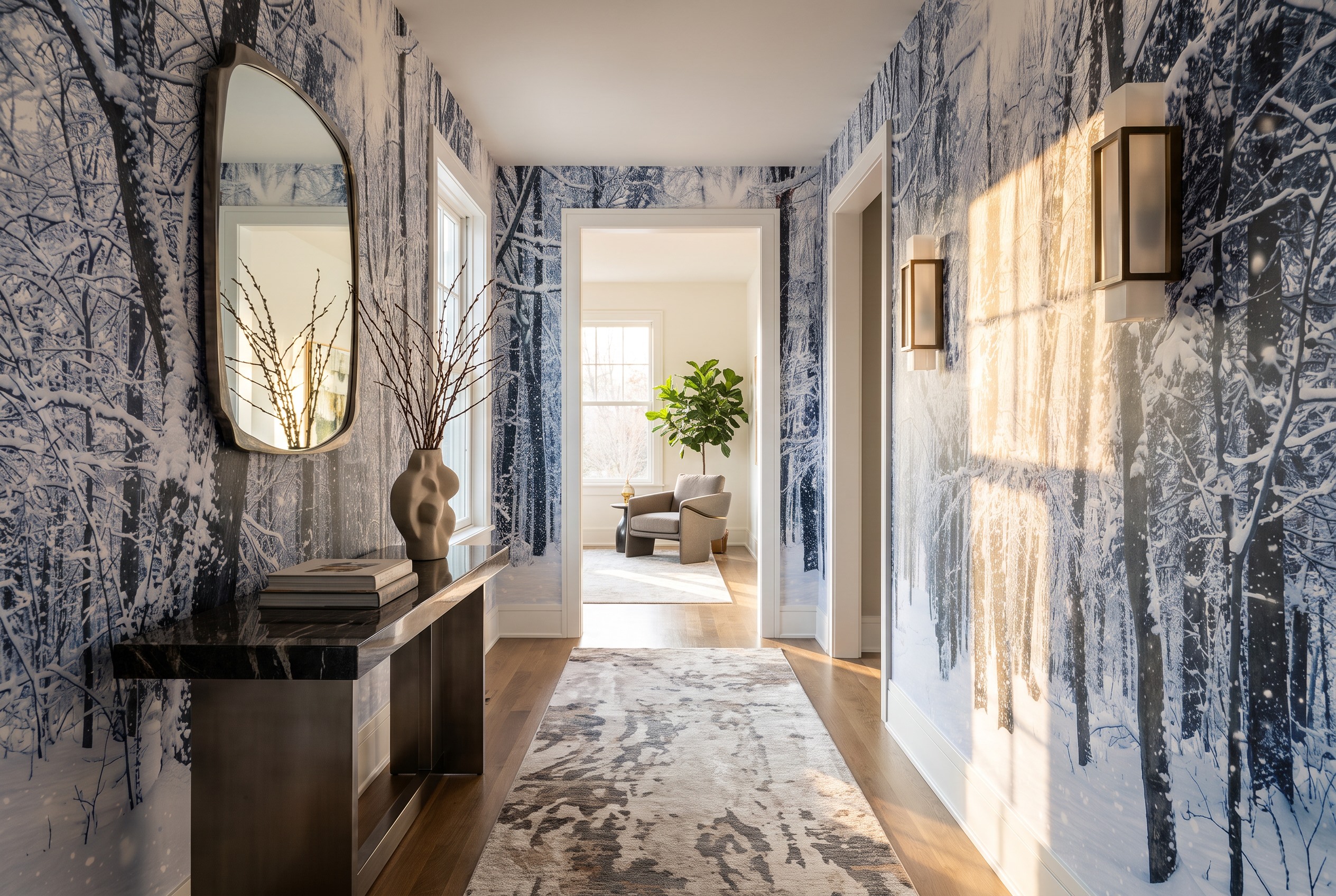 Blue Abstract Forms Layered Wallpaper Mural Hallway-wallpaper-murals, Peel-and-stick Finish