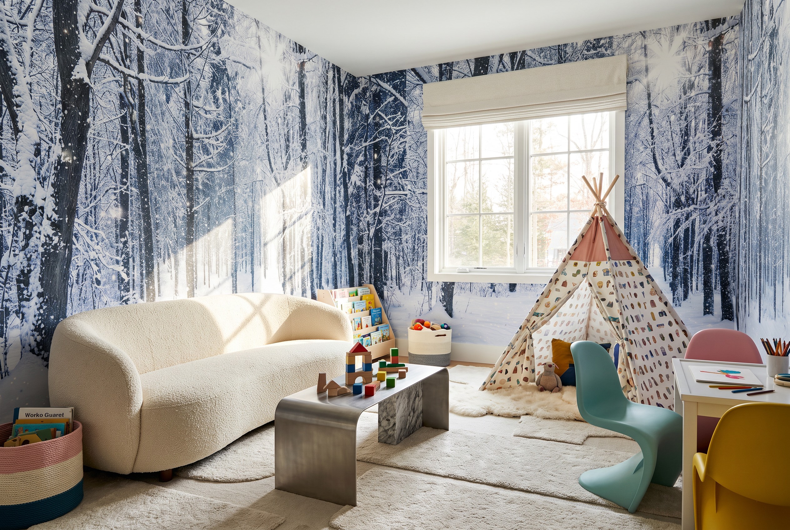 Blue Abstract Forms Layered Wallpaper Mural Accent-wall-wallpaper-murals, Peel-and-stick Finish