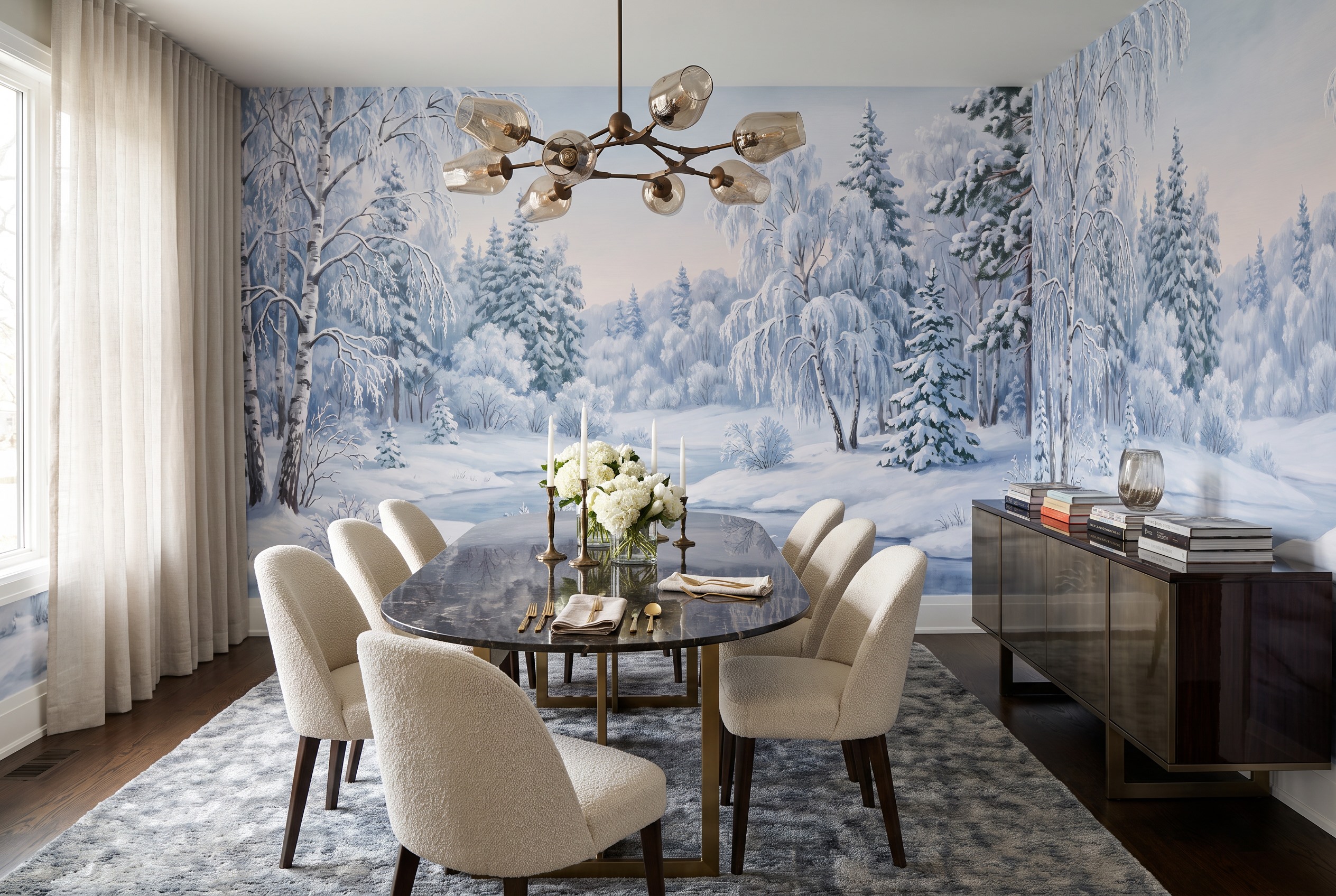 Snowy Birch Grove And Winding Creek Wallpaper Mural — Wallpaper Mural Design, Peel-and-stick Finish