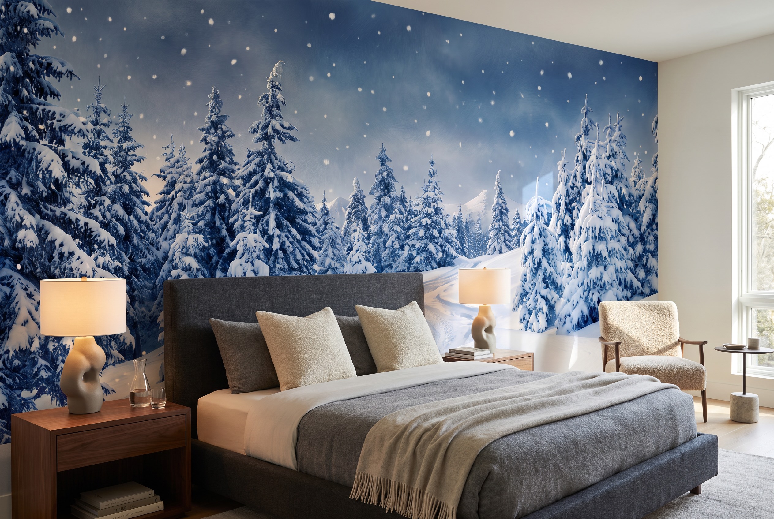 Red And Navy Woodland Trees Forest Wallpaper Mural Bedroom-wallpaper-murals, Peel-and-stick Finish