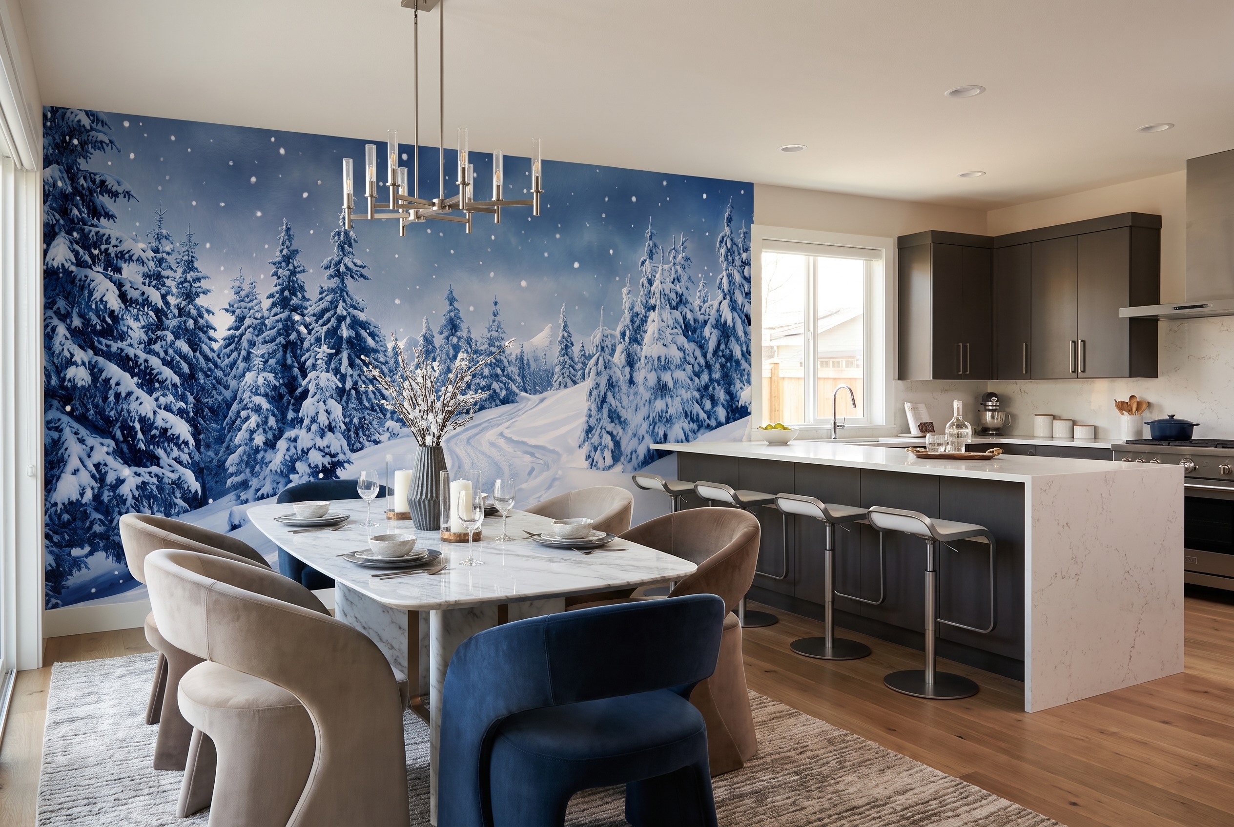 Red And Navy Woodland Trees Forest Wallpaper Mural Dining-room-wallpaper-murals, Shown In A Dining Room, Peel-and-stick Finish