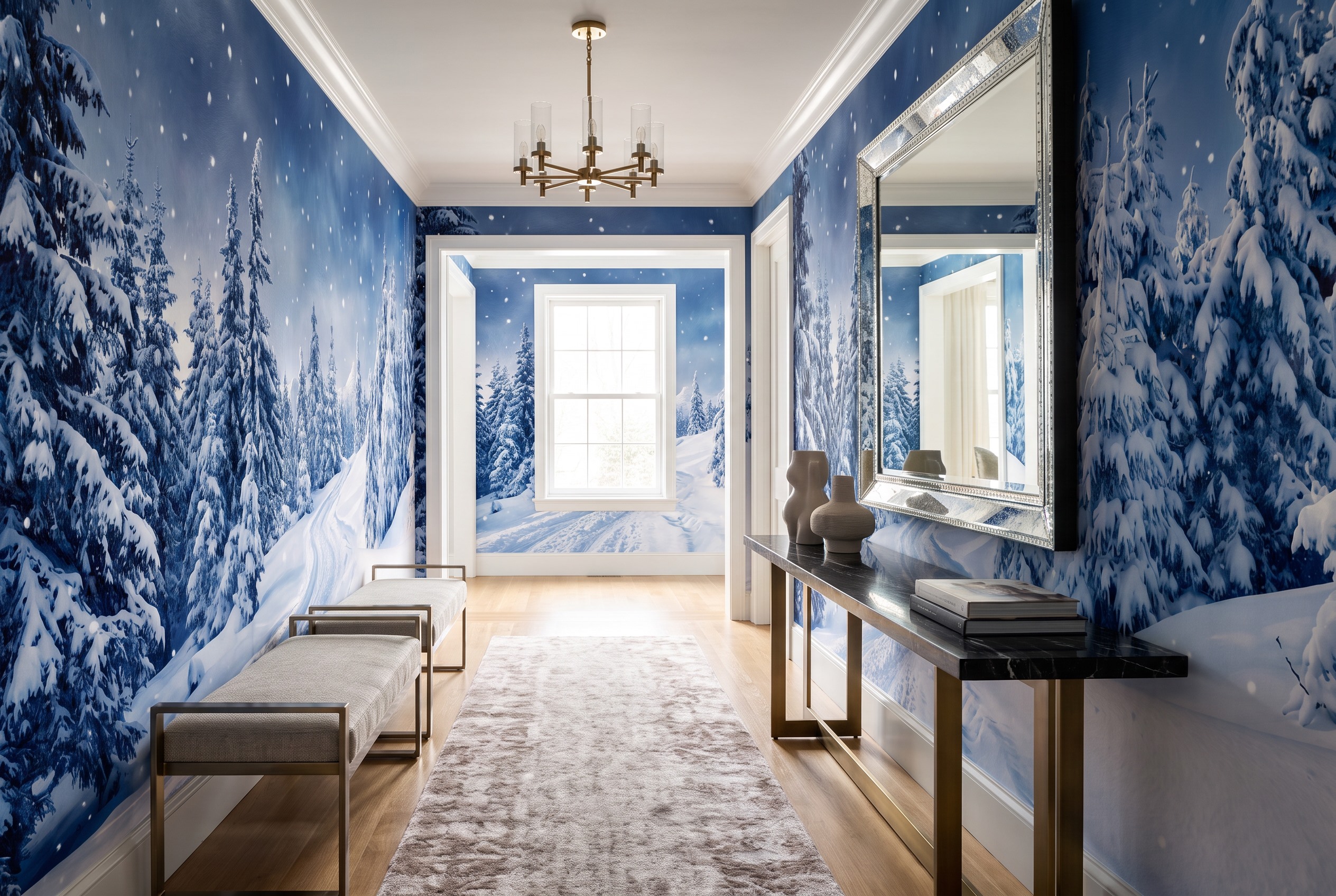 Snowy Pine Forest Path Under A Starry Blue Sky Wallpaper Mural — Installed Wallpaper Mural In A Hallway, Peel-and-stick Finish
