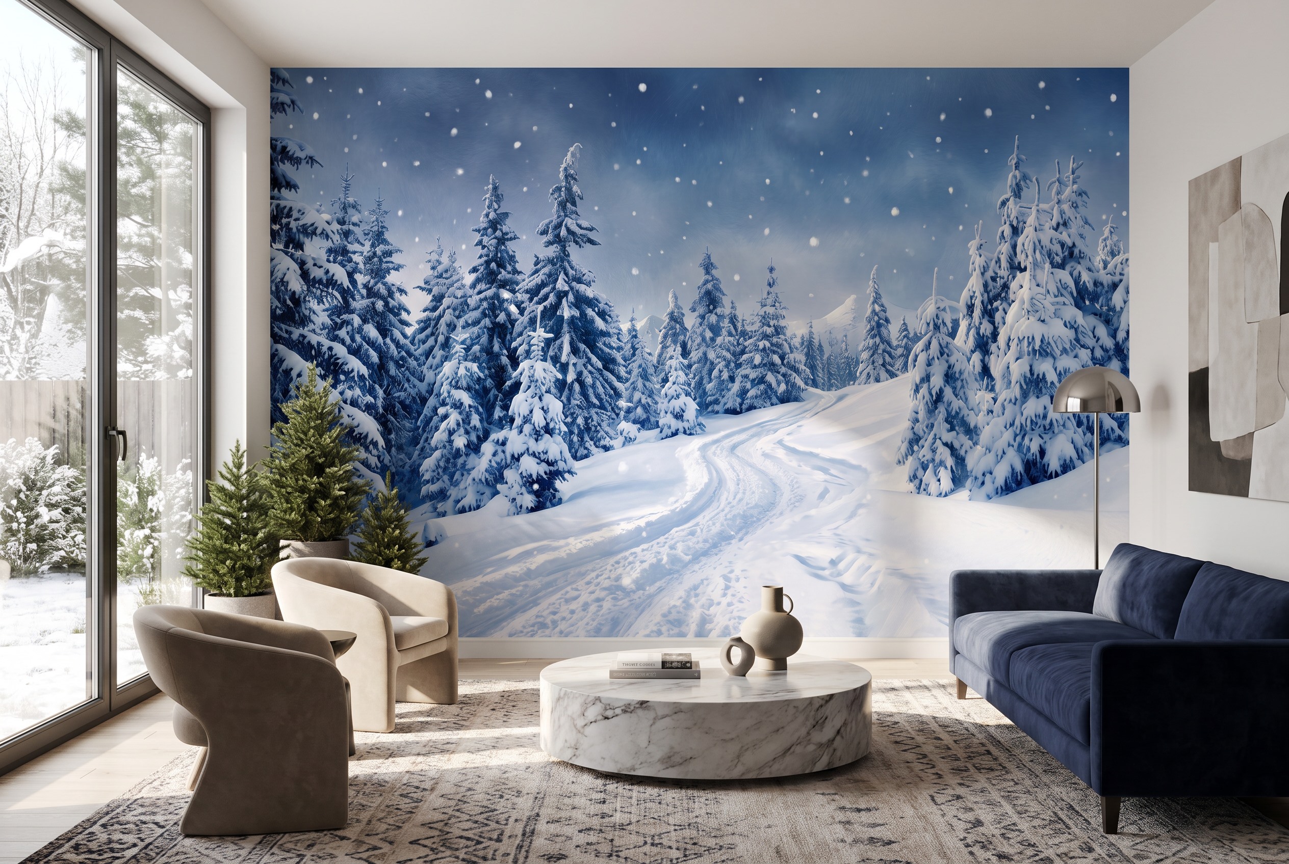Red And Navy Woodland Trees Forest Wallpaper Mural, Peel-and-stick Finish