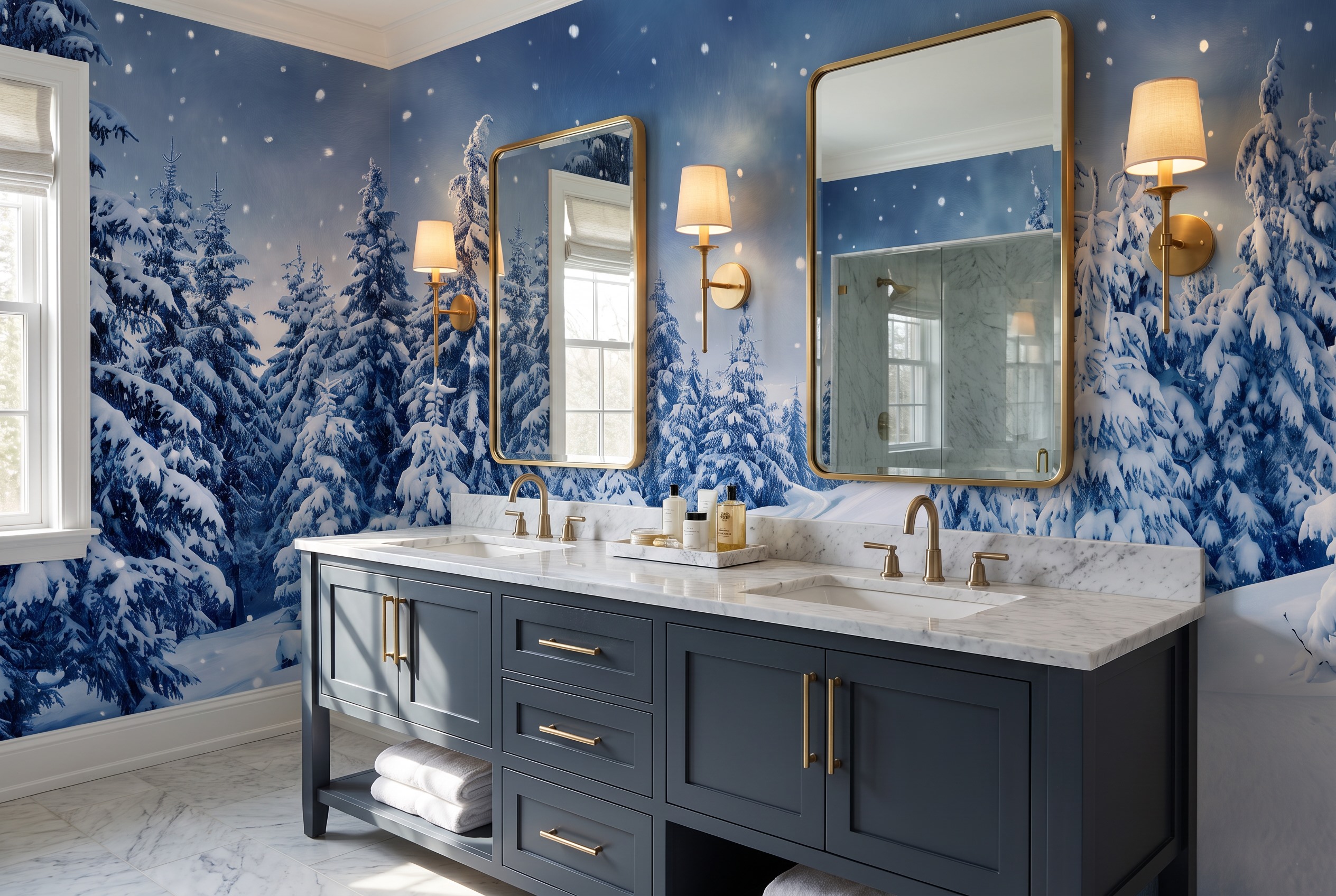Red And Navy Woodland Trees Forest Wallpaper Mural Bathroom-wallpaper-murals, Peel-and-stick Finish