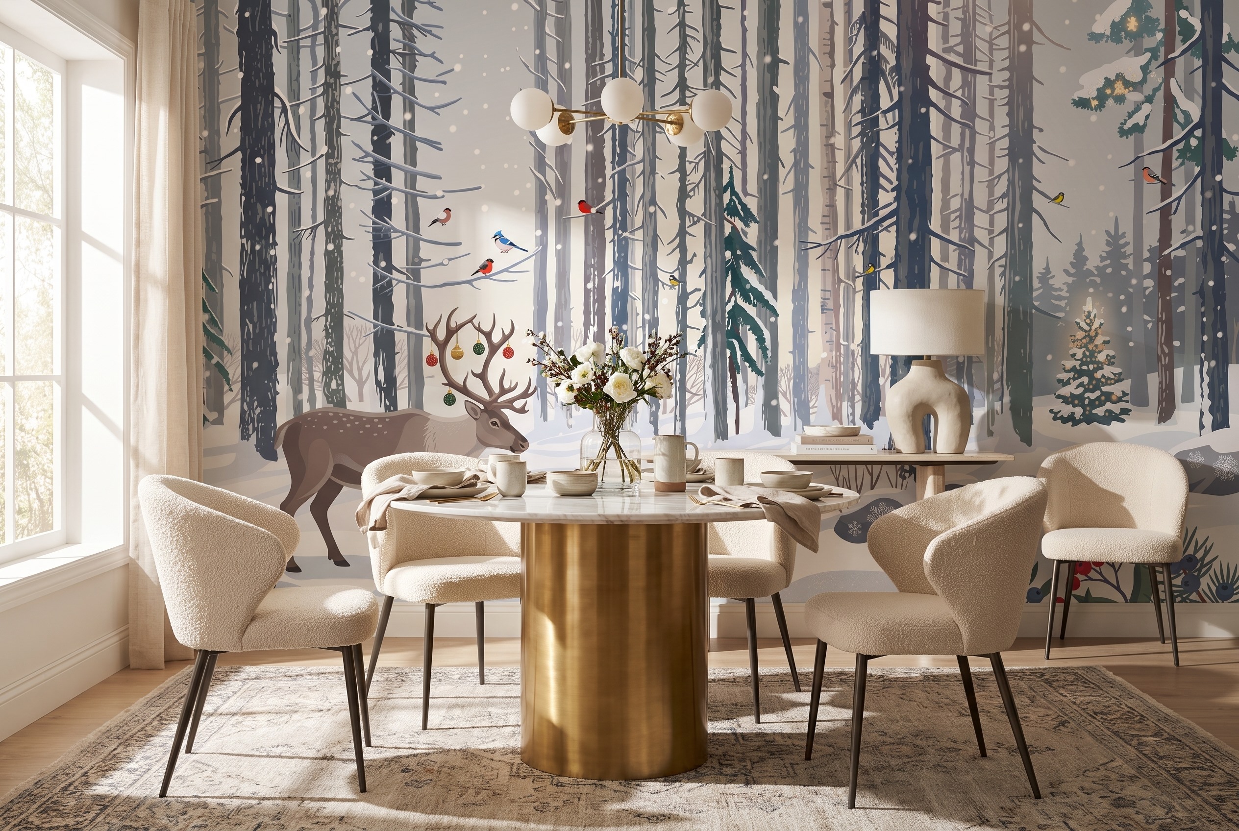 Christmas Forest Animals And Snowy Pines Wallpaper Mural — Wallpaper Mural Design, Peel-and-stick Finish