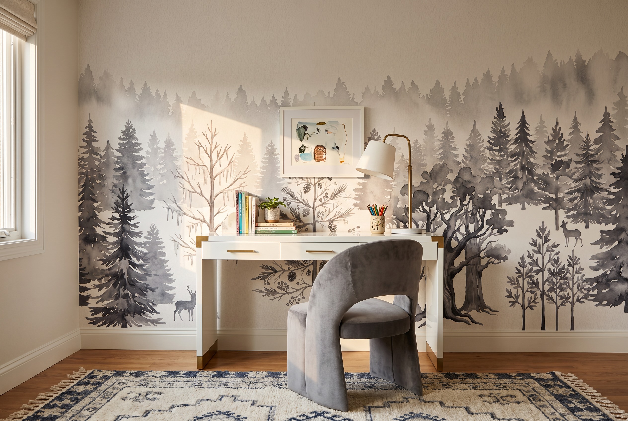 Grey Woodland Trees Forest Wallpaper Mural Kids-room-wallpaper-murals, Peel-and-stick Finish