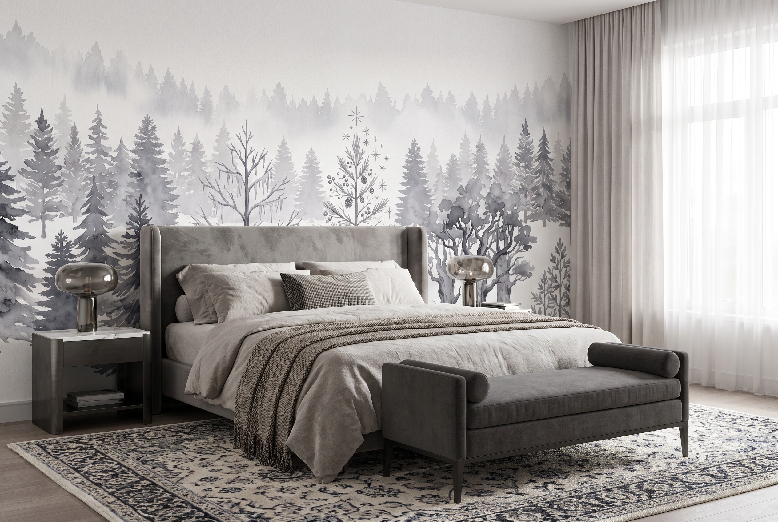 Grey Woodland Trees Forest Wallpaper Mural Bedroom-wallpaper-murals, Peel-and-stick Finish