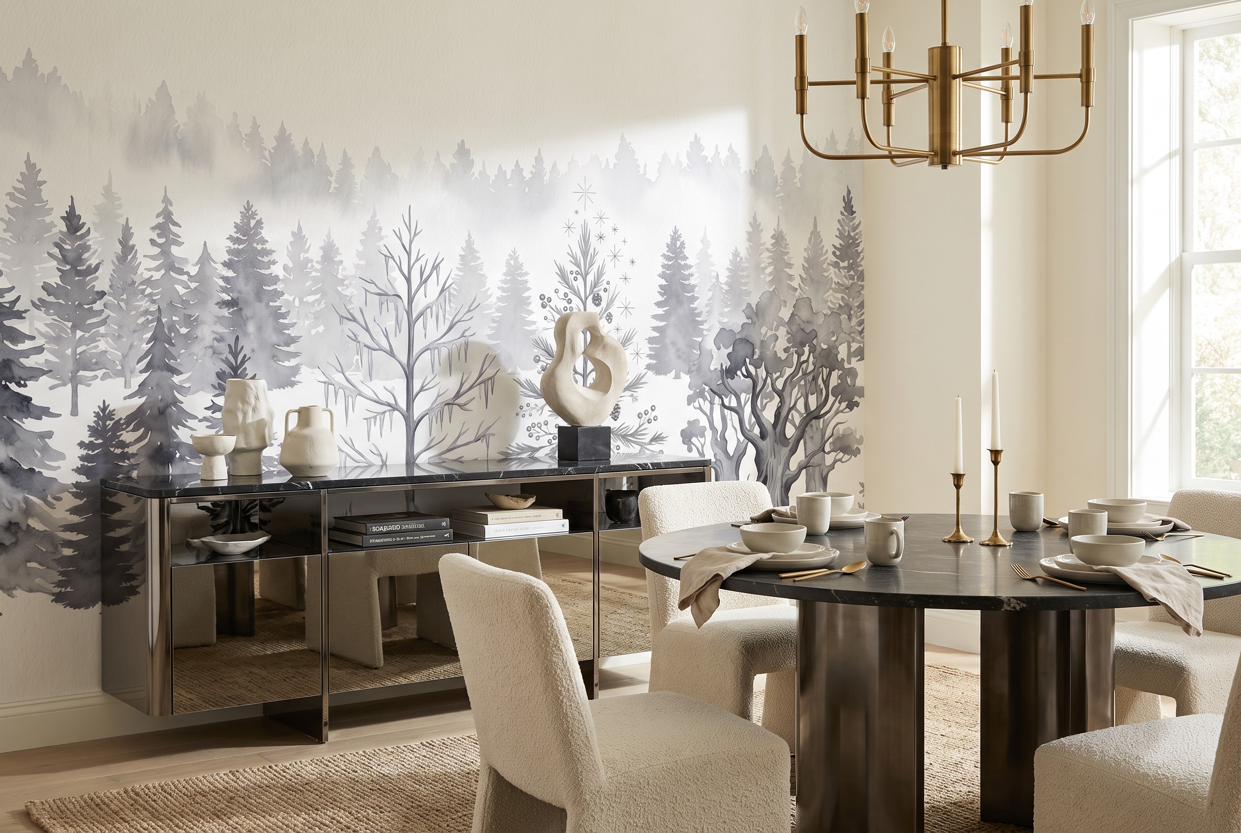 Grey Woodland Trees Forest Wallpaper Mural Dining-room-wallpaper-murals, Peel-and-stick Finish