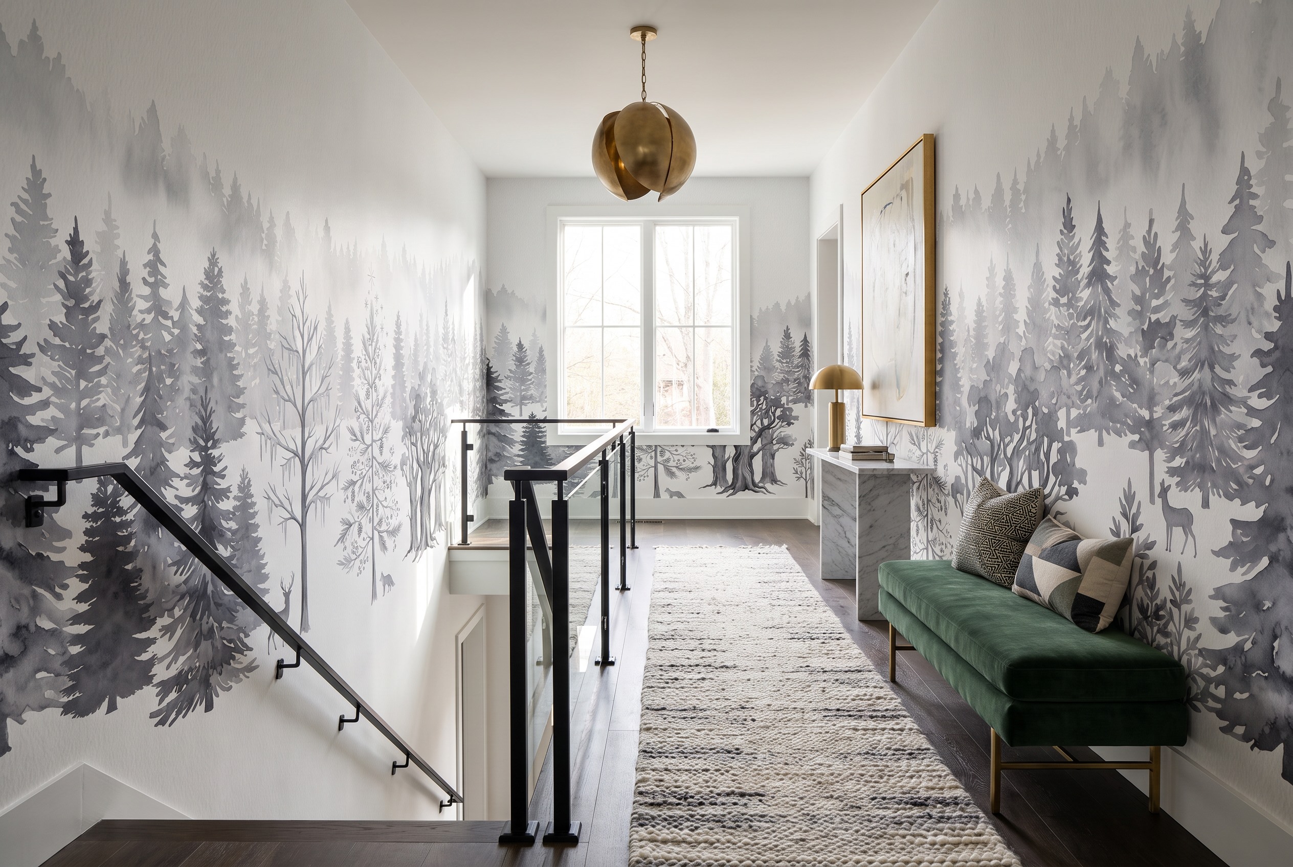 Grey Woodland Trees Forest Wallpaper Mural Hallway-wallpaper-murals, Peel-and-stick Finish