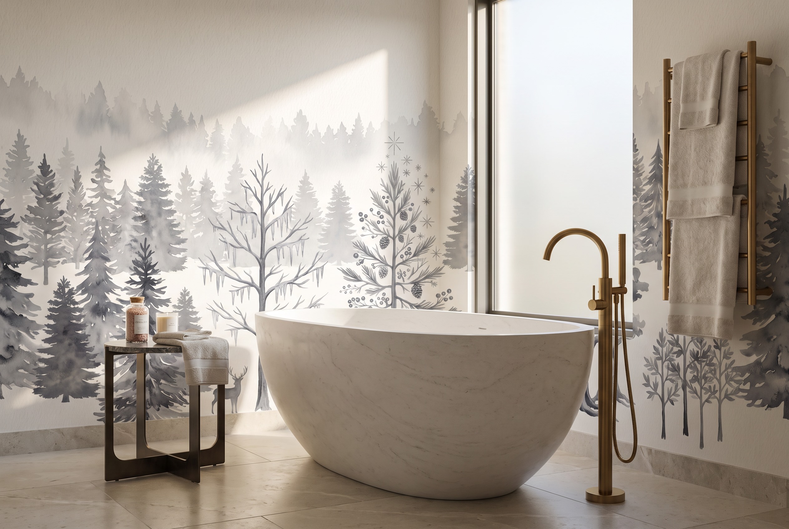 Grey Woodland Trees Forest Wallpaper Mural Bathroom-wallpaper-murals, Peel-and-stick Finish