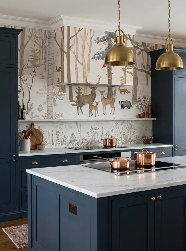Tan And Neutral Woodland Trees Wallpaper Mural Kitchen-wallpaper-murals, Peel-and-stick Finish