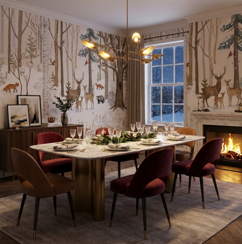 Tan And Neutral Woodland Trees Wallpaper Mural Dining-room-wallpaper-murals, Shown In A Dining Room, Peel-and-stick Finish