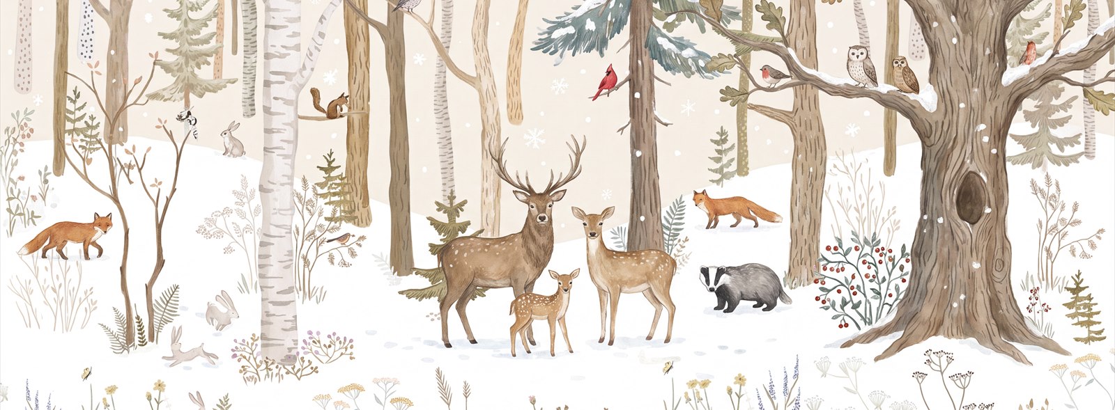 Tan And Neutral Woodland Trees Wallpaper Mural Kitchen-wallpaper-murals, Peel-and-stick Finish