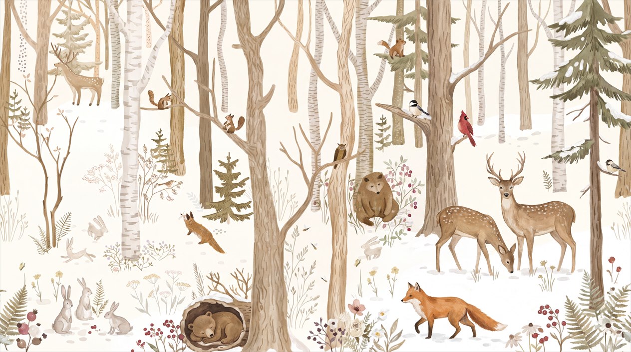 Tan Winter Woodland Animals Wallpaper Mural — Wallpaper Mural Design, Peel-and-stick Finish