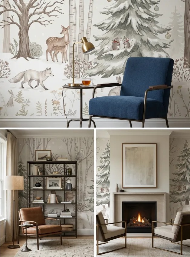 Tan And Neutral Woodland Trees Forest Wallpaper Mural Accent-wall-wallpaper-murals, Peel-and-stick Finish