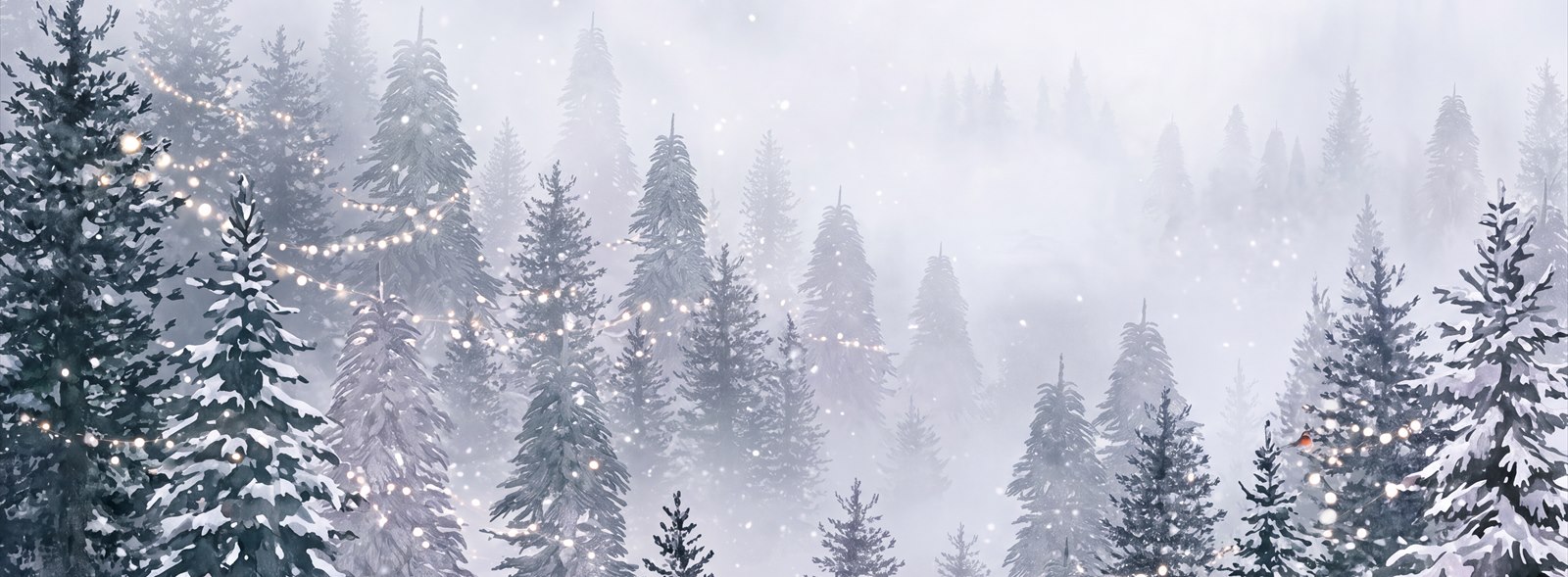 Snowfall Pine Forest String Lights Wallpaper Mural — Wallpaper Mural Design, Peel-and-stick Finish