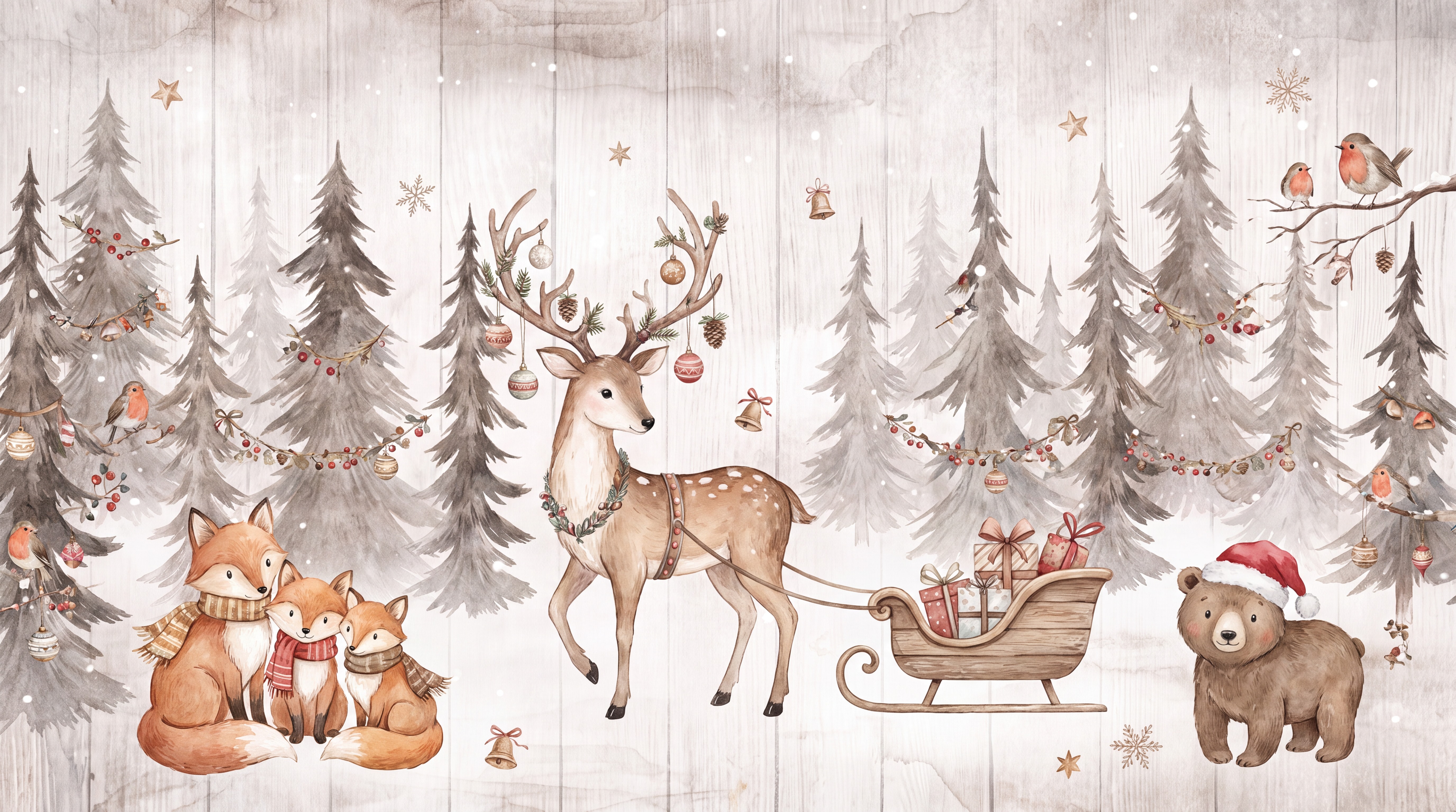 Red Woodland Trees Wallpaper Mural, Peel-and-stick Finish
