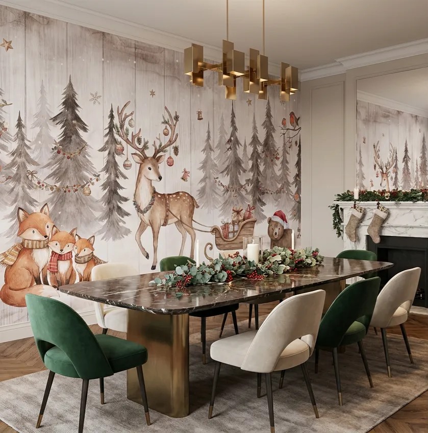 Red Woodland Trees Wallpaper Mural Dining-room-wallpaper-murals, Shown In A Dining Room, Peel-and-stick Finish