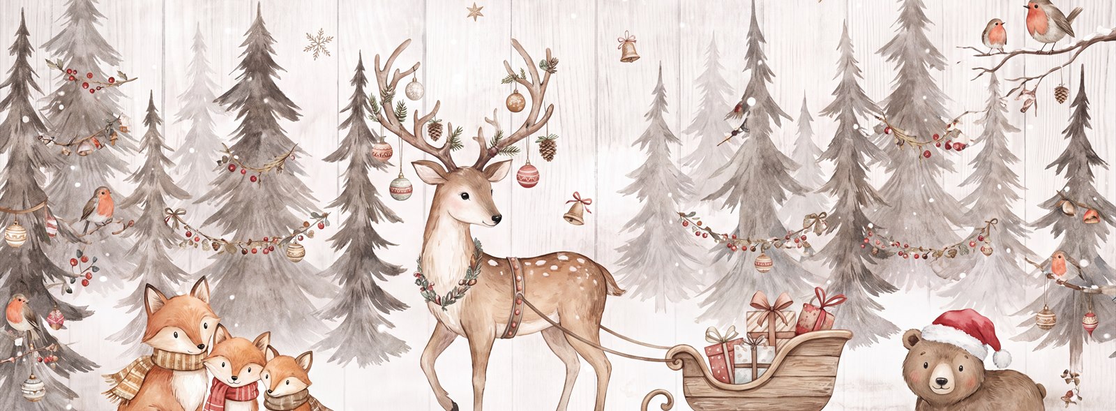 Red Woodland Trees Wallpaper Mural Feature-wall-wallpaper-murals, Peel-and-stick Finish