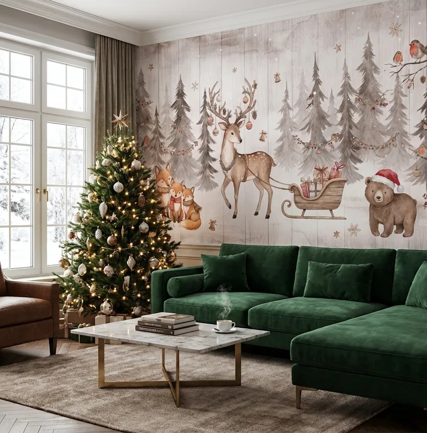 Red Woodland Trees Wallpaper Mural Feature-wall-wallpaper-murals, Peel-and-stick Finish