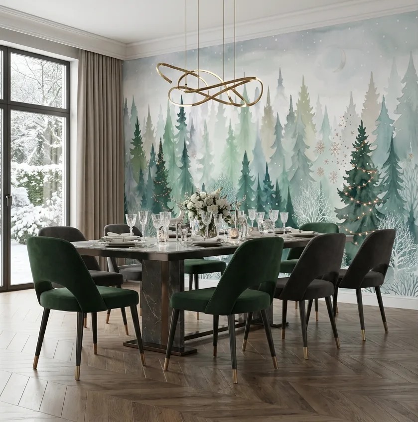 Green Abstract Forms Illustrated Wallpaper Mural Dining-room-wallpaper-murals, Shown In A Dining Room, Peel-and-stick Finish