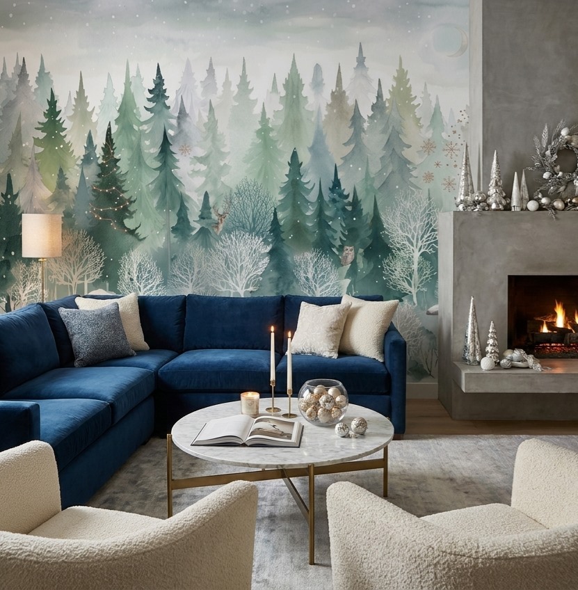 Green Abstract Forms Illustrated Wallpaper Mural Accent-wall-wallpaper-murals, Peel-and-stick Finish
