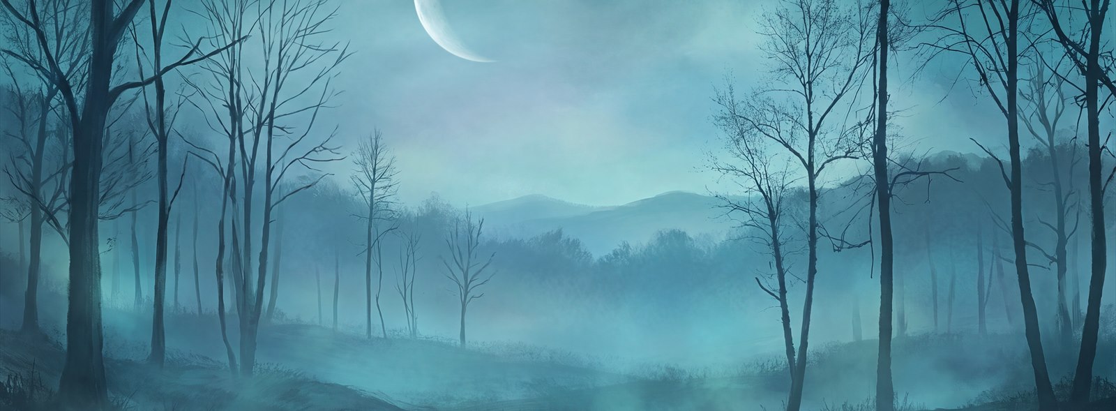 Teal Moonlit Misty Forest Wallpaper Mural — Wallpaper Mural Design, Peel-and-stick Finish