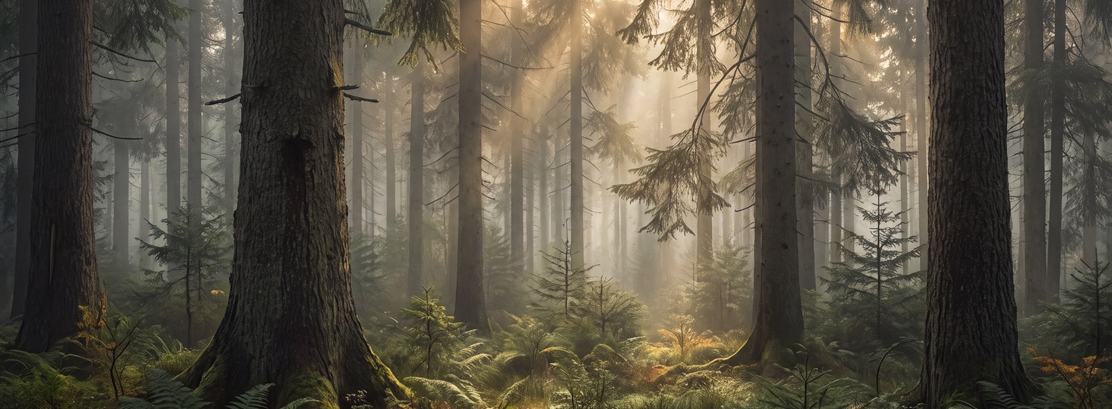 Golden Sunbeam Evergreen Forest Wallpaper Mural — Wallpaper Mural Design, Peel-and-stick Finish