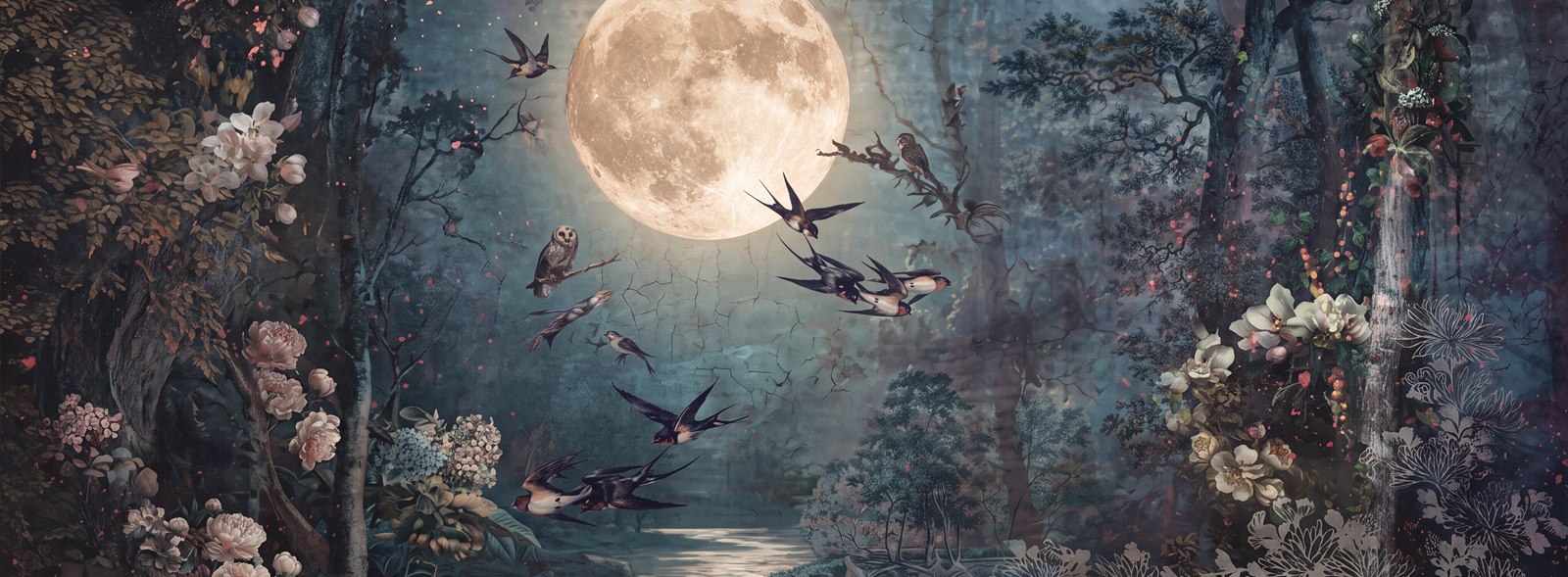 Moonlit Forest Lake With Flying Birds Wallpaper Mural — Wallpaper Mural Design, Peel-and-stick Finish