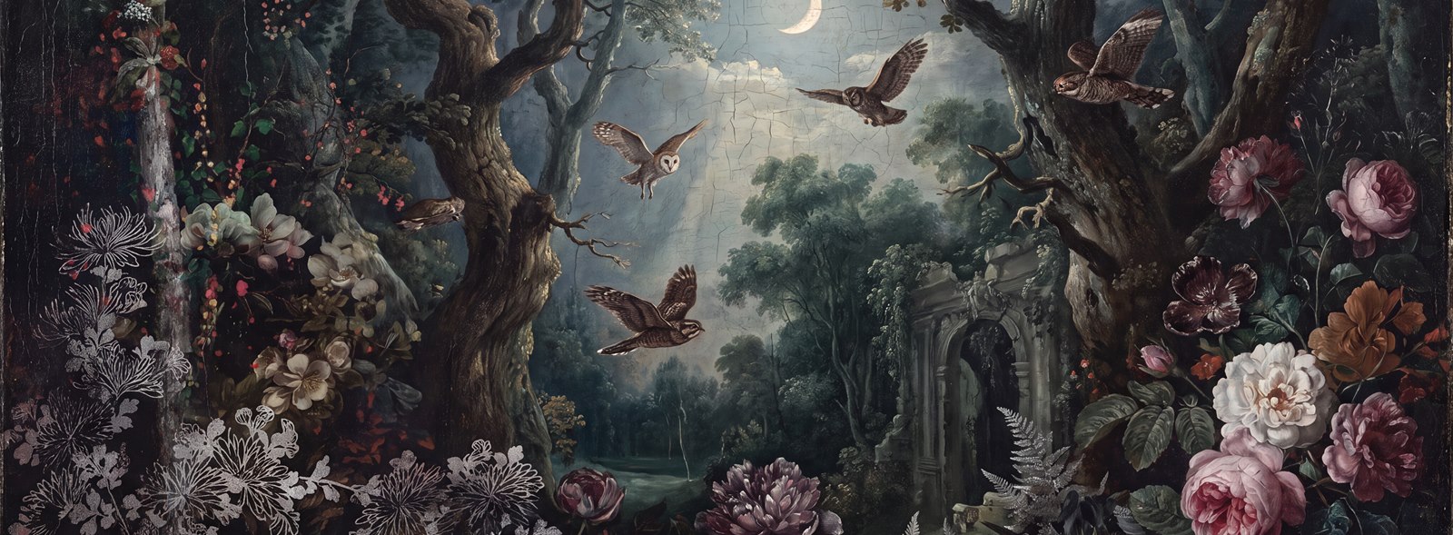 Owl Flight Crescent Moon Floral Forest Wallpaper Mural — Wallpaper Mural Design, Peel-and-stick Finish