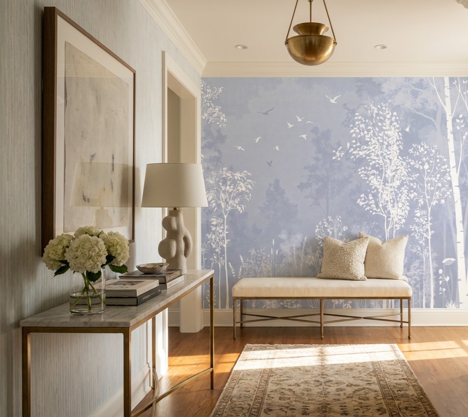 Blue Abstract Forms Organic Wallpaper Mural Hallway-wallpaper-murals, Peel-and-stick Finish
